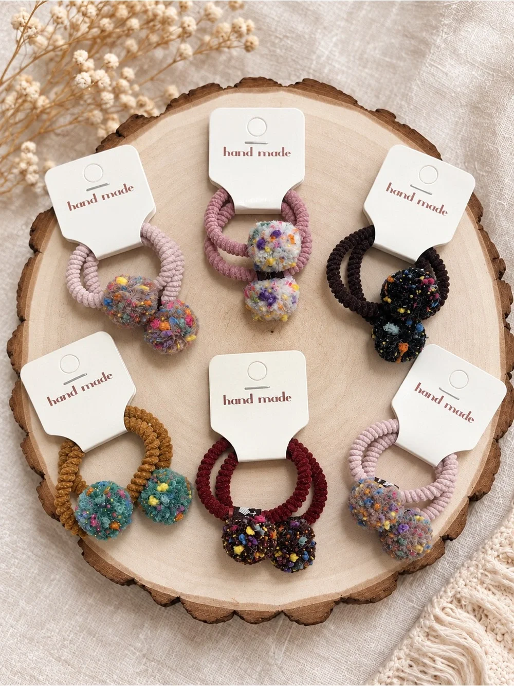 Handmade Girls Pom-Pom Ponytail Hair Tie Set – Choose Color